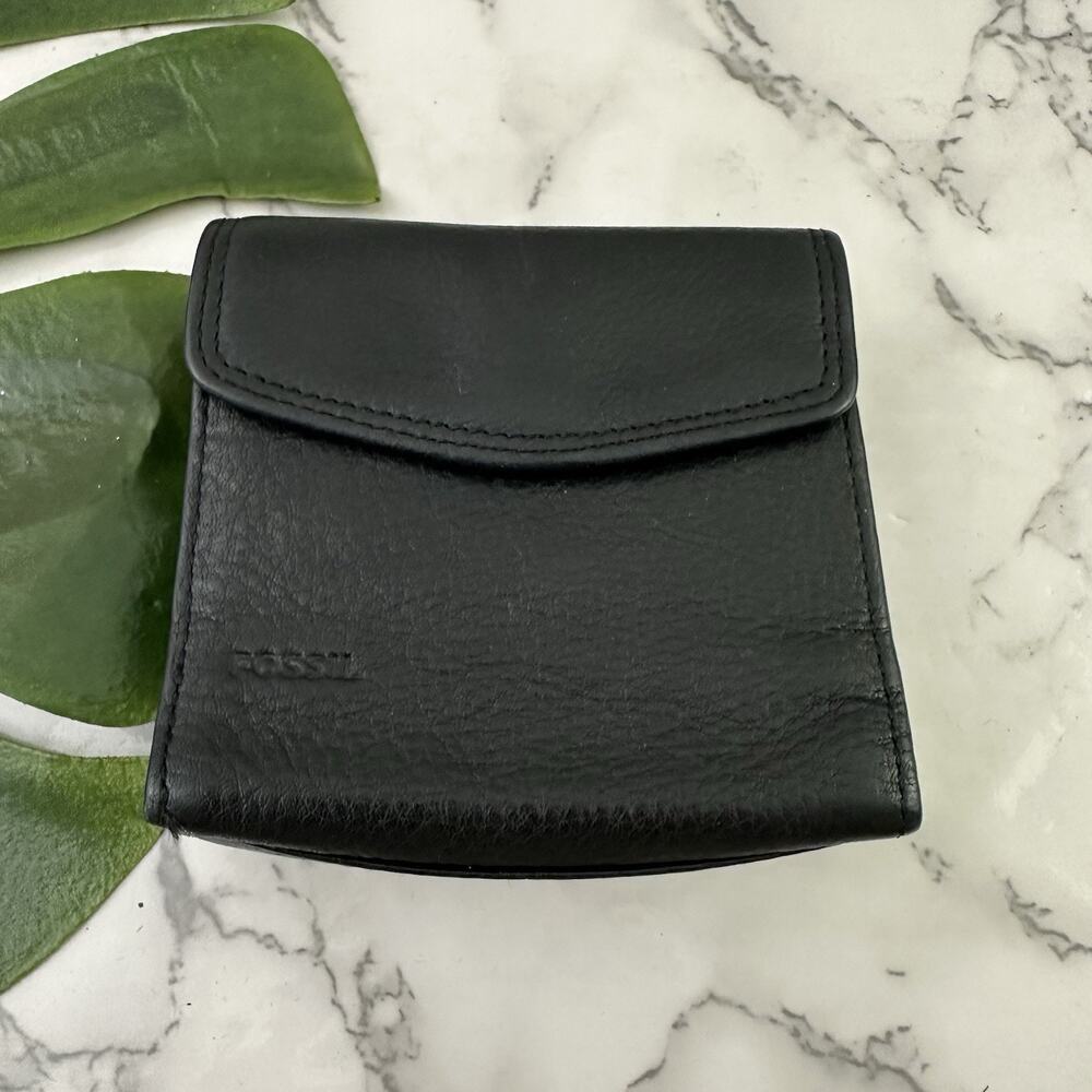 Fossil Vintage Y2k Leather Wallet Black Small Coin Pouch Flap Fold Pebble